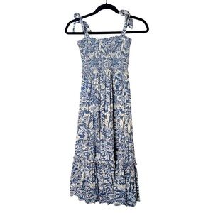 Patrons of Peace Blue Floral Smocked Bodice Midi Dress Size L Vacation Travel